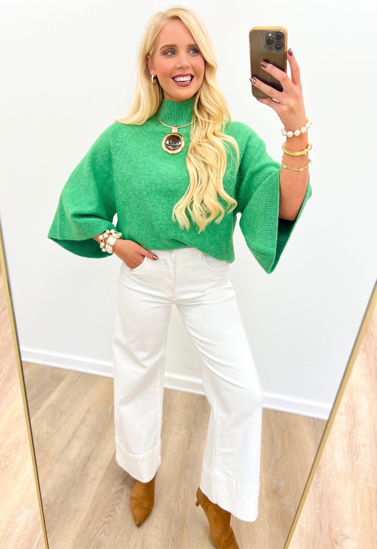 Emerald green wide-sleeve mock neck knit sweater, cropped with ribbed collar