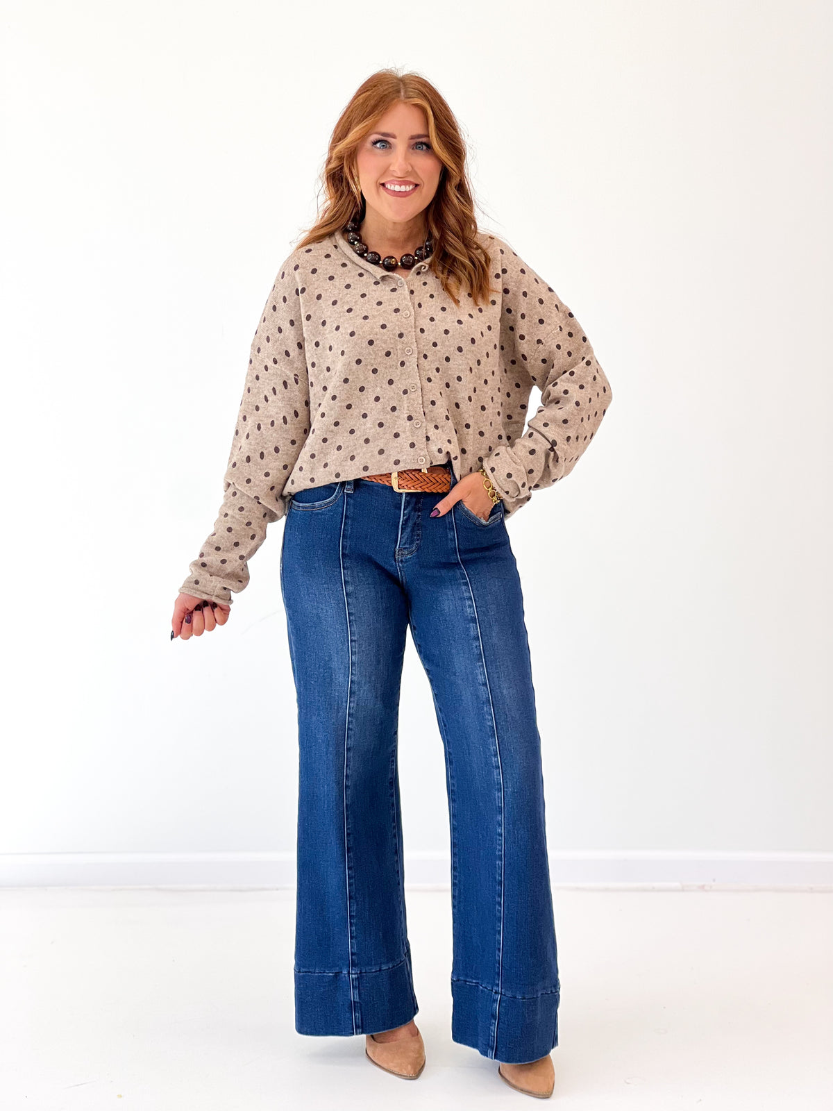 Polka-dot knit button cardigan with raw-edge hem, light mocha color