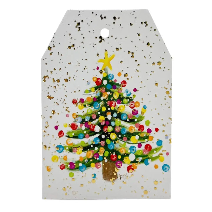 Christmas tree gift tag with colorful ornament illustration and gold foil splatter