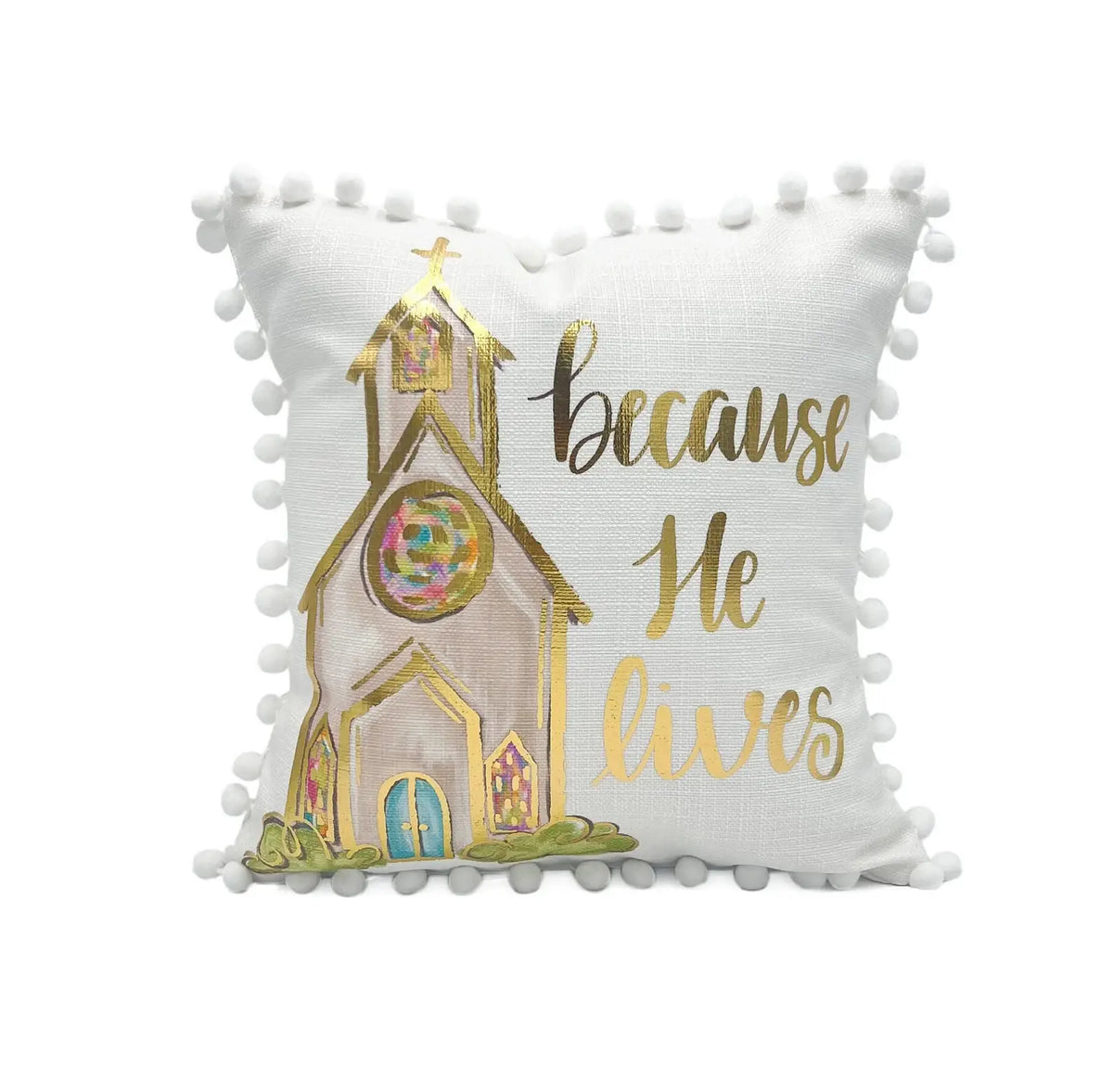 White square church pillow with gold text, multicolor church graphic, pom-pom trim