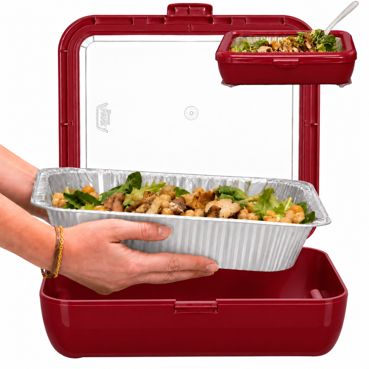 Red foil pan carrier with clear foil pan and serving spoon, open