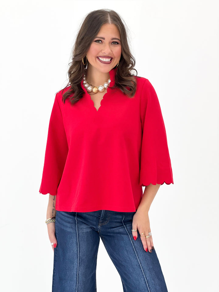 Jodifl Scallop Trim V-Neck 3/4 Sleeve Top