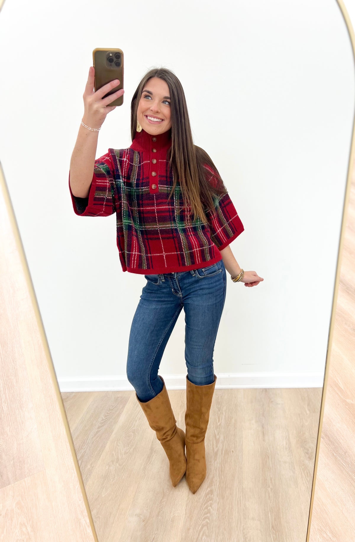 Red plaid sweater top with stand collar, quarter-button placket and short sleeves