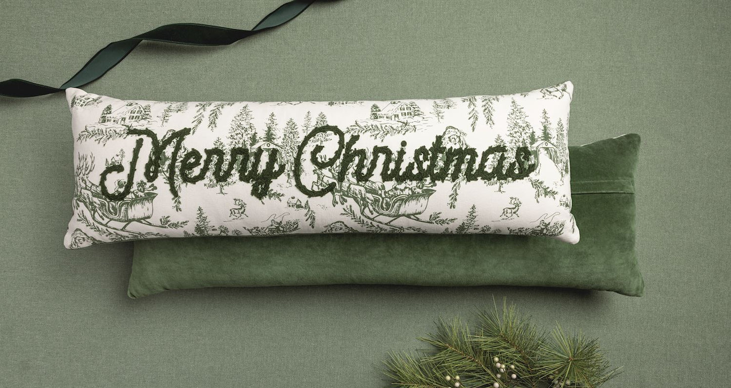 MudPie Merry Christmas Toile Long Pillow styled