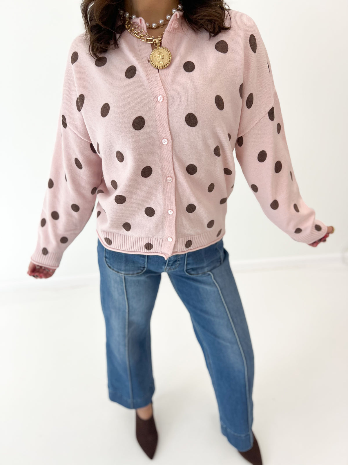 Polka dot knit cardigan, pink with long sleeves and button-front closure