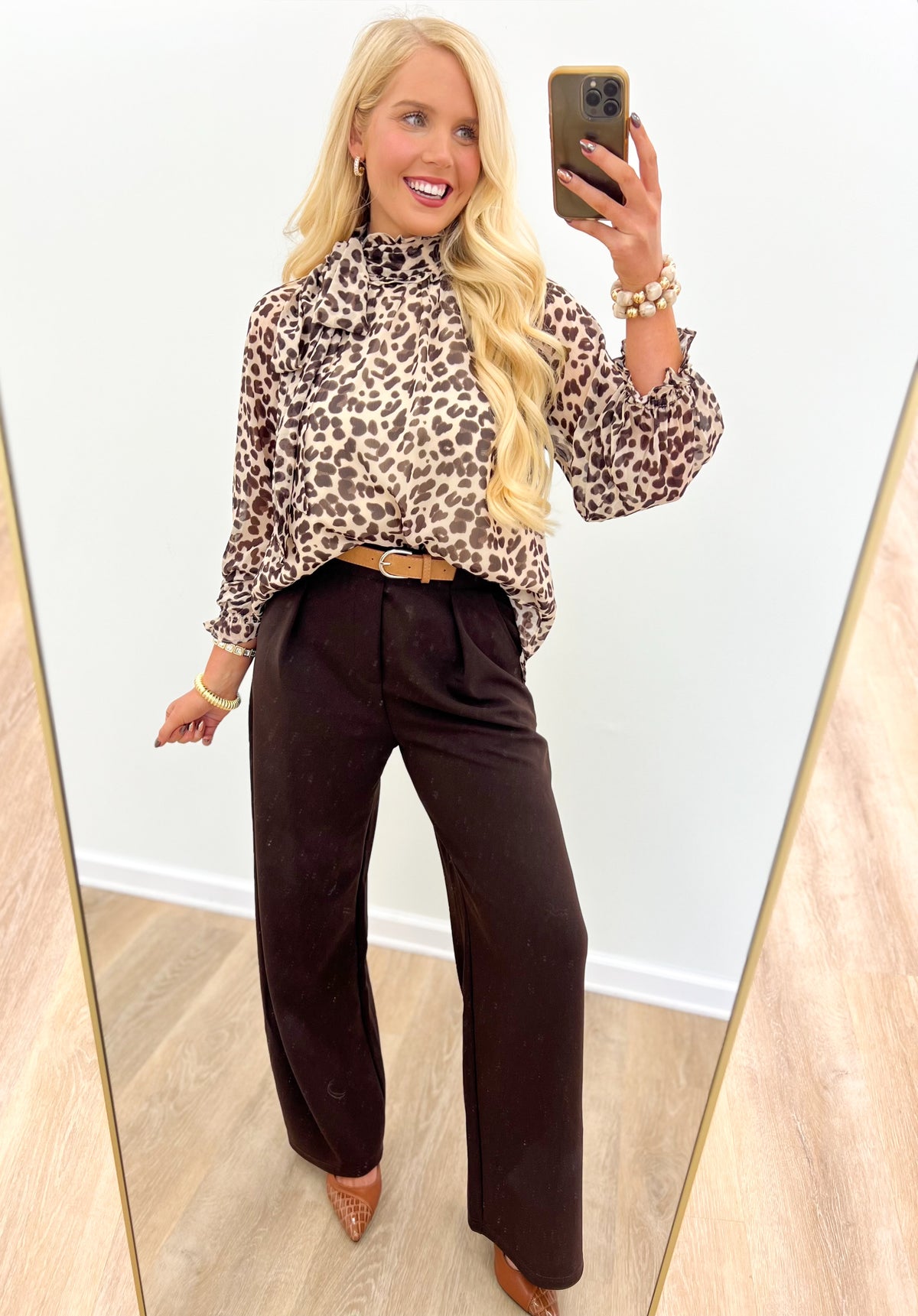 Taupe leopard print high-neck tie blouse with long sleeves