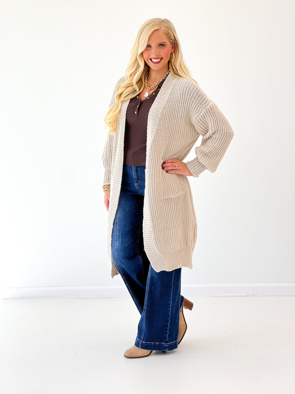 Oatmeal oversized loose-knit duster cardigan with long sleeves and open front