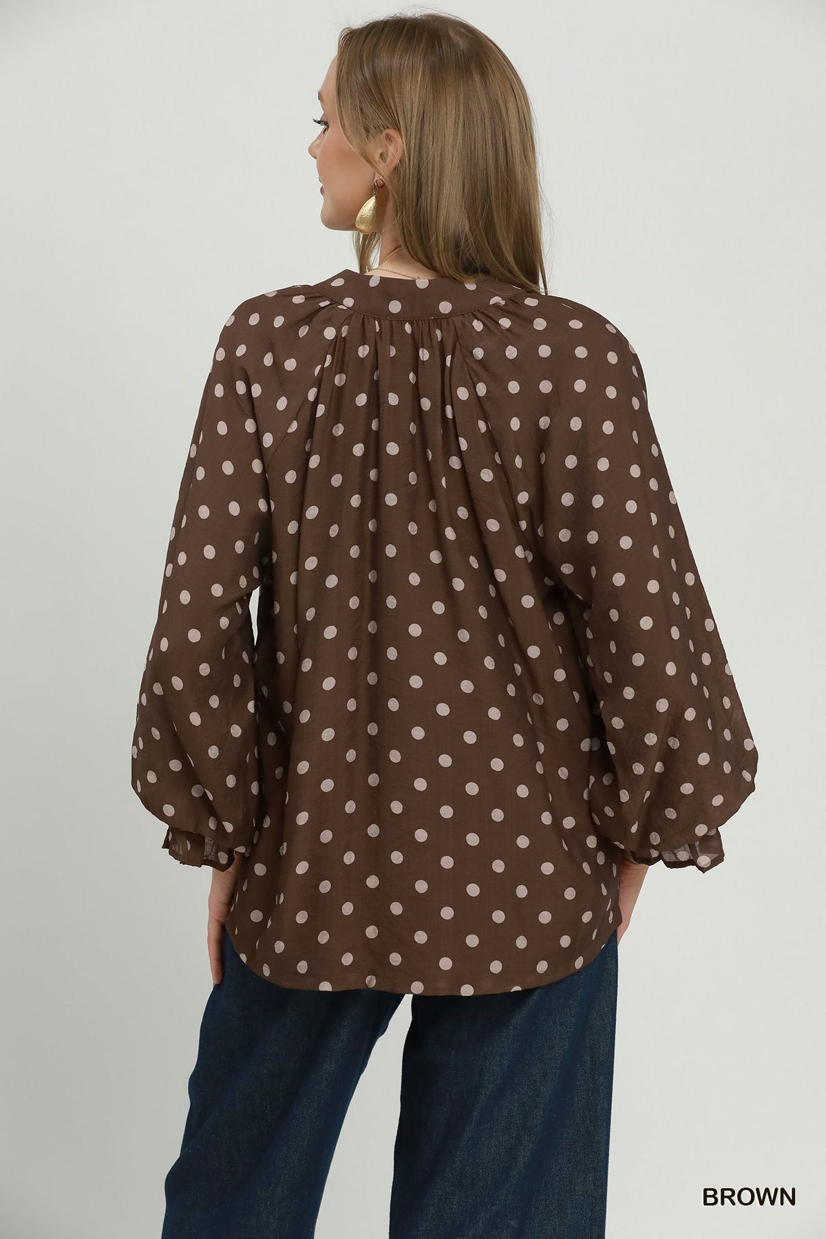Umgee Polka Dot Long Sleeve Scarf Top in Brown