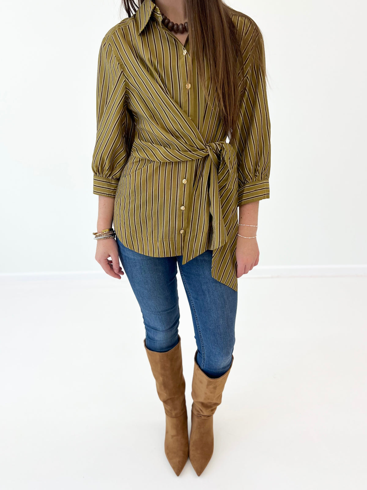 Olive striped wrap top detail: tied waist, button front, 3/4 sleeves