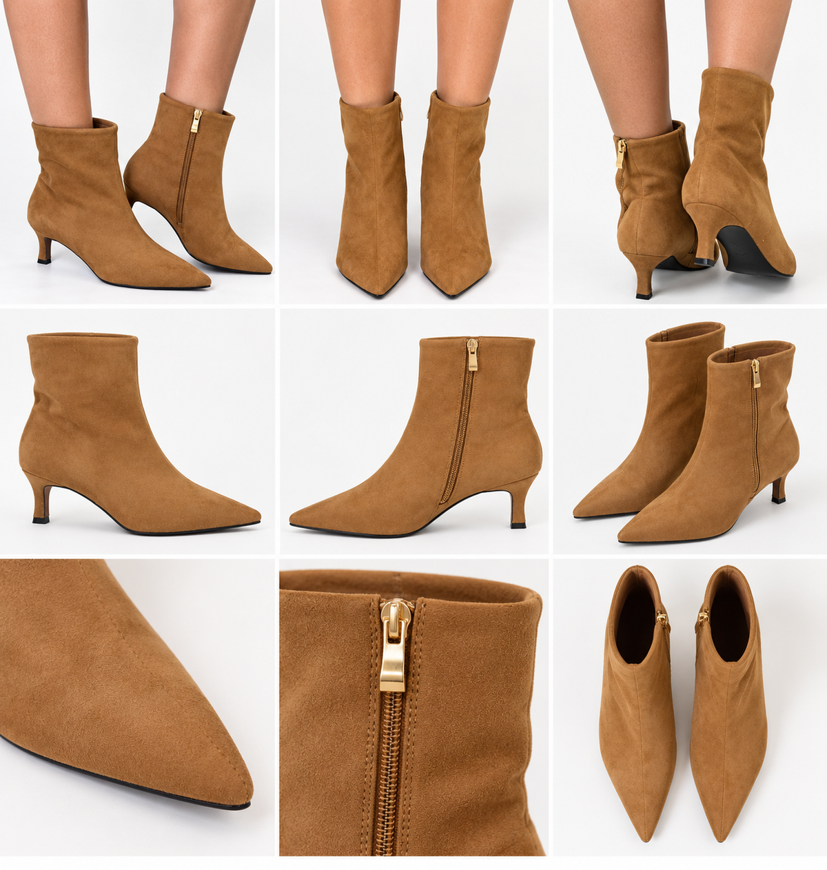 Camel suede ankle boots with side zipper and slim heel, pointed toe