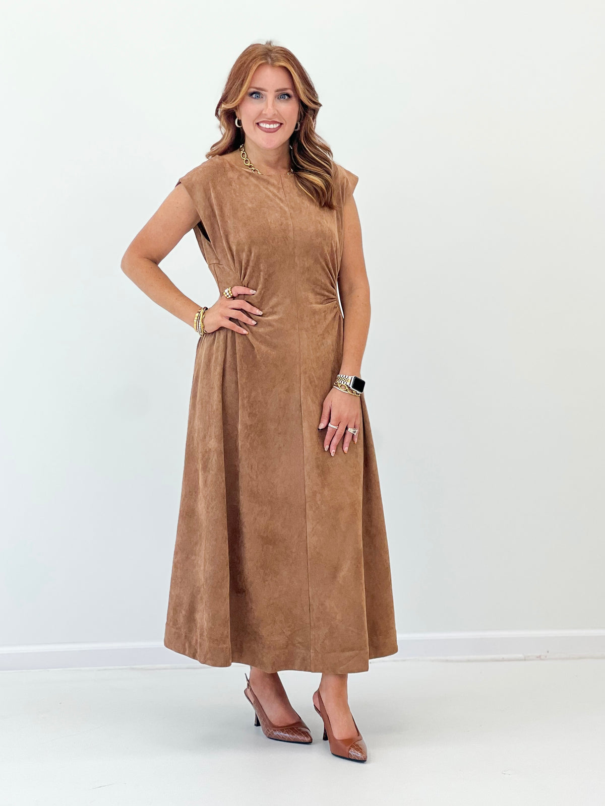 Mocha faux suede side-panel midi dress, sleeveless high neck with button placket
