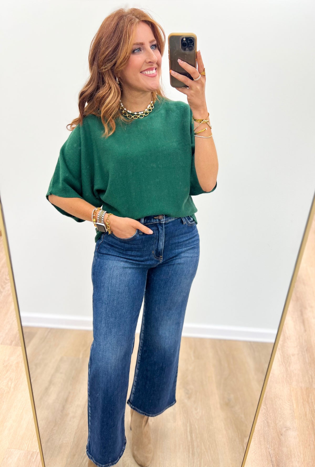 Forest green dolman elbow-sleeve sweater with crew neckline and ribbed hem