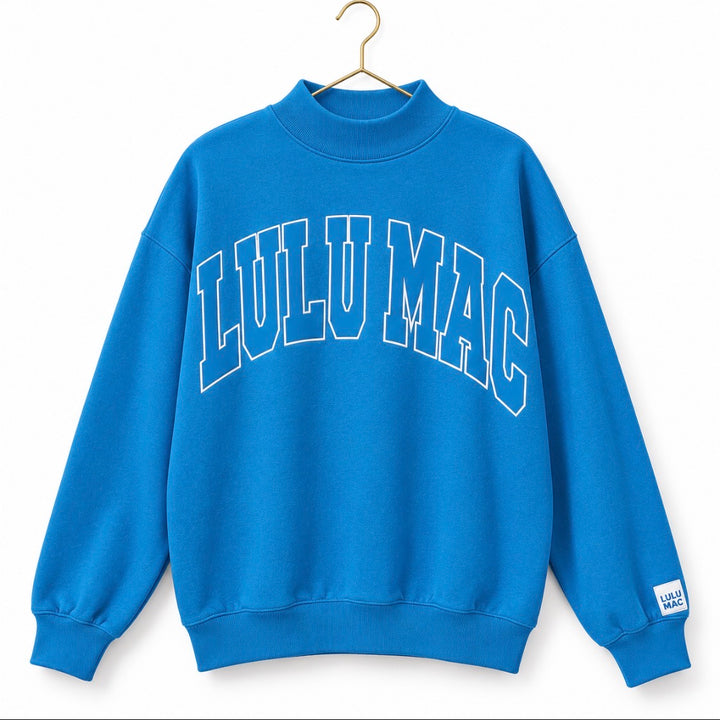 Bright blue terry mockneck pullover sweatshirt, front logo and long sleeves