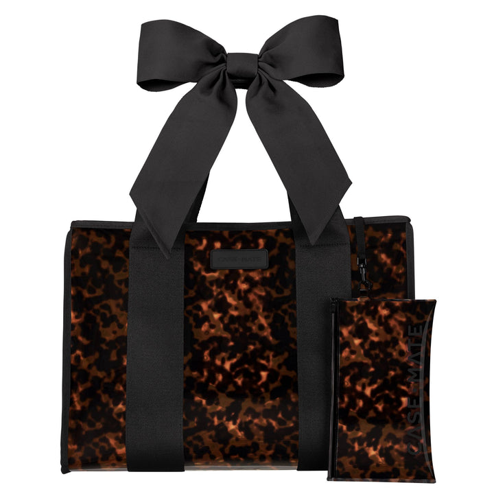 Black bow-handled tortoiseshell tote bag with matching pouch, front zip pocket