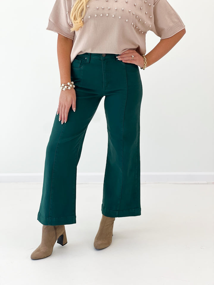 Hunter green high-rise crop wide-leg pants, front view, straight wide legs