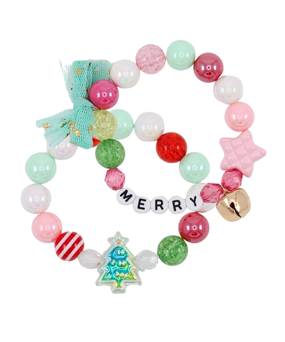 Golden Stella Christmas Theme 2 Row Bead Letter Bracelet in MERRY/Green