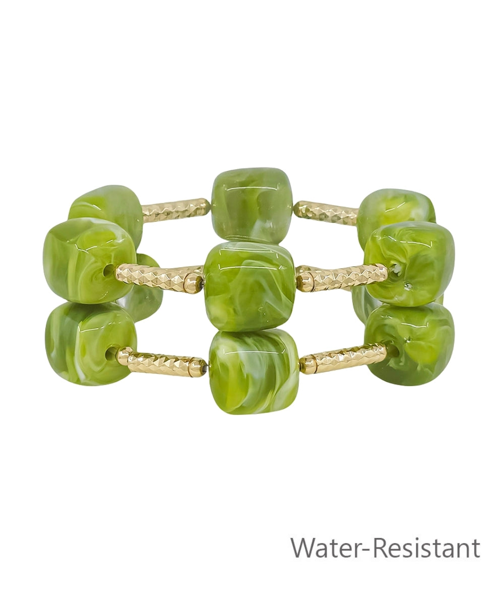 2 Row Marble Cube & Metal Bar Bracelet Olive