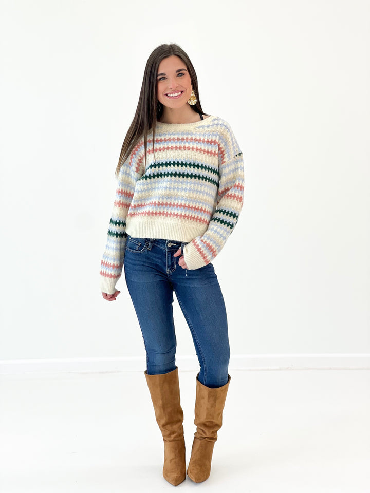 Cream multi striped cropped knit sweater, long sleeves, crew neck