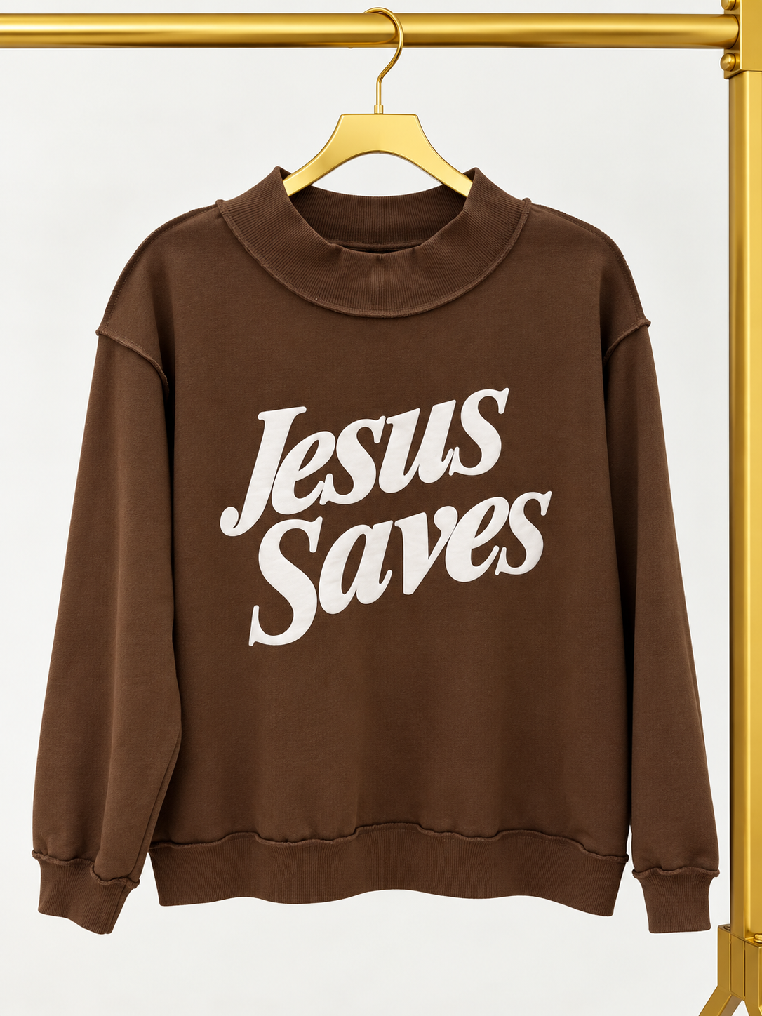 Dark brown mock neck sweatshirt with white “Jesus Saves” print