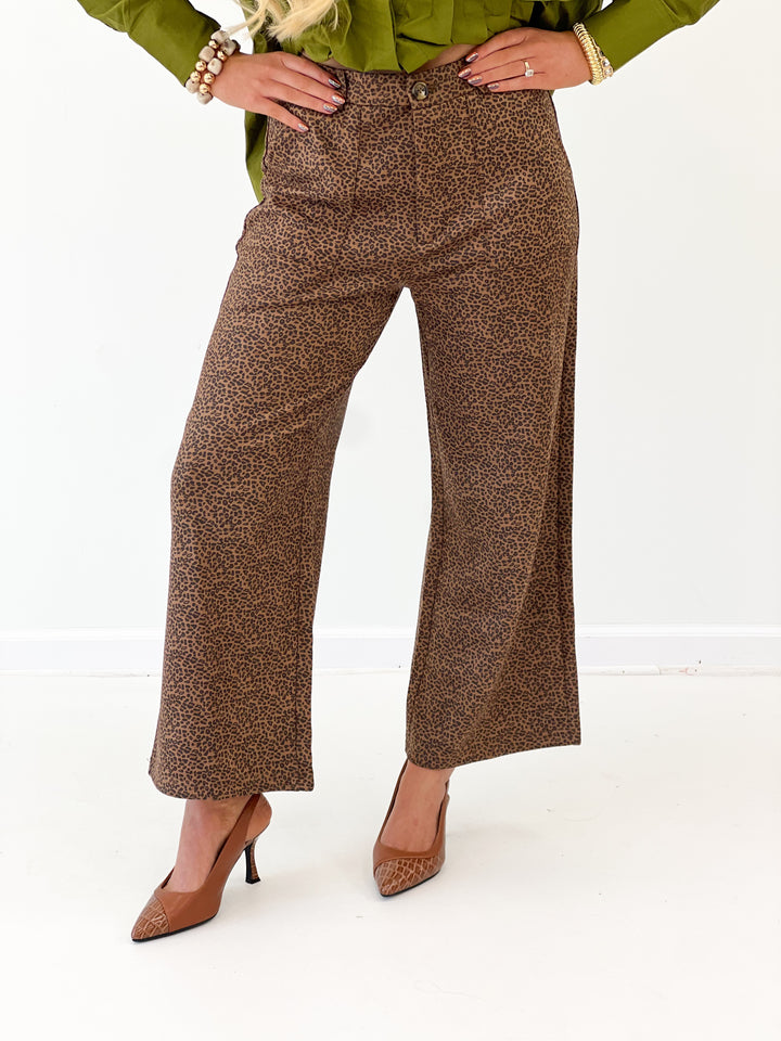 Camel leopard print wide-leg pants with cropped straight hems
