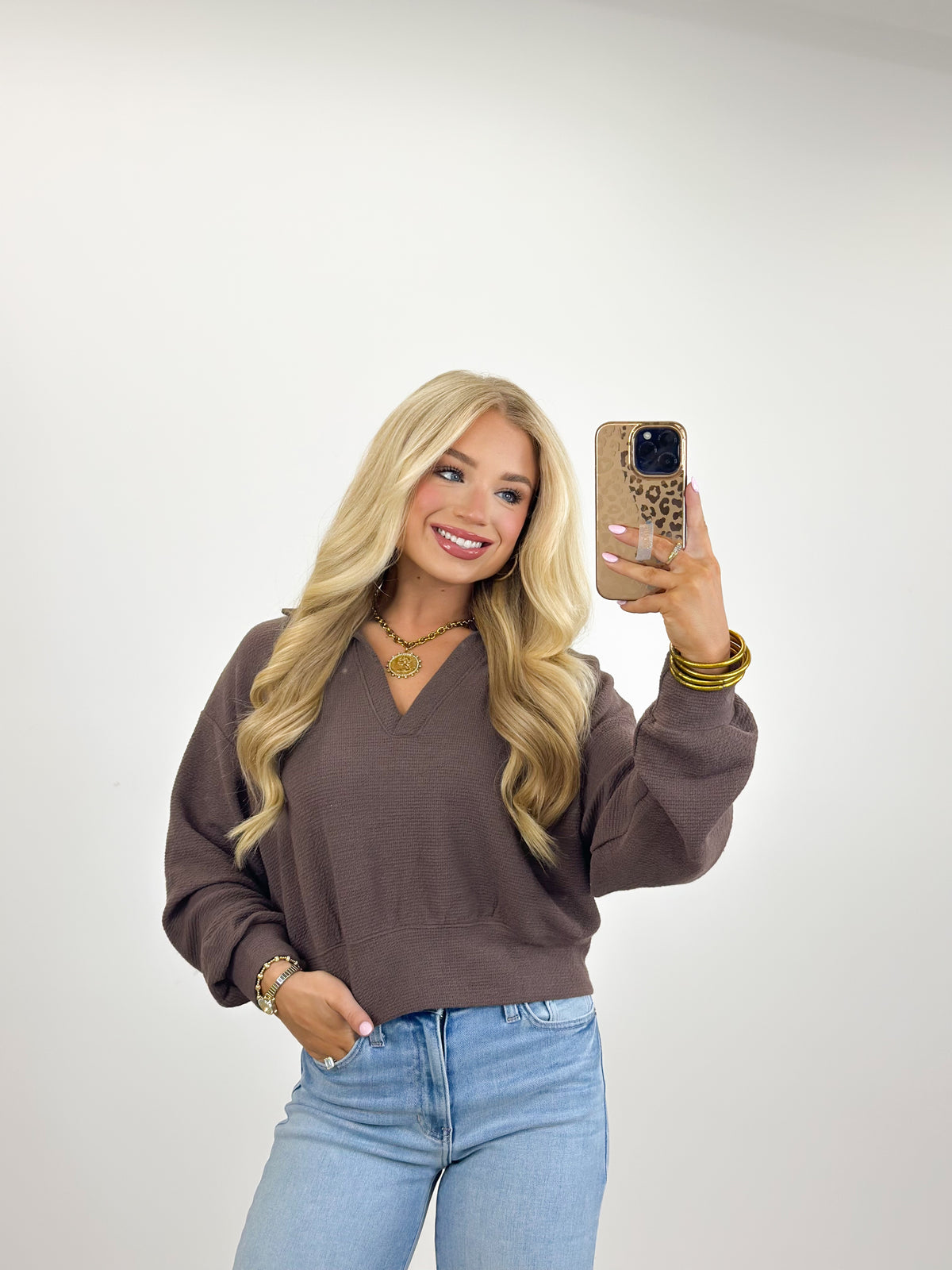 Tres Bien L/S Collared Crop Knit Top