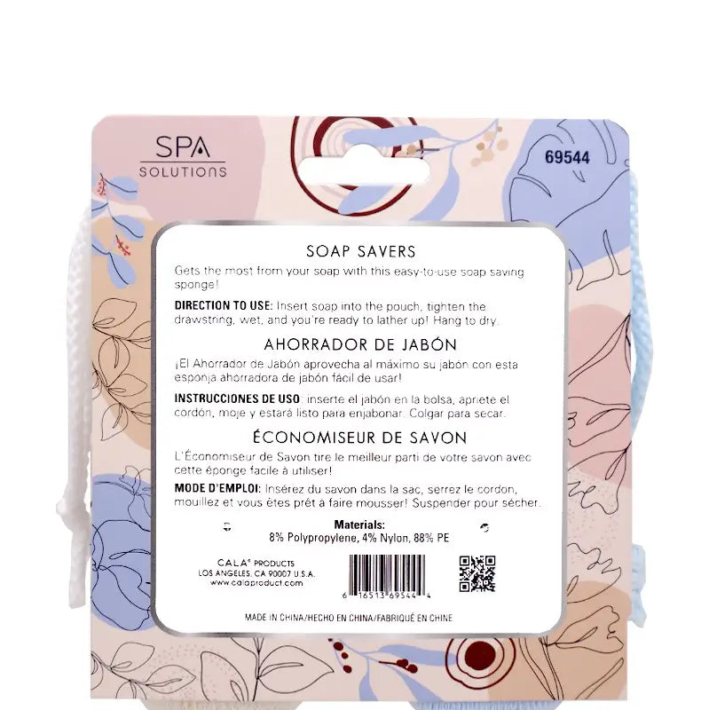 Soap saver set packaging showing directions, materials, and a view of the mesh pouches