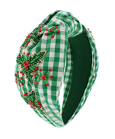 Golden Stella Christmas Checker Pattern Headband in Green