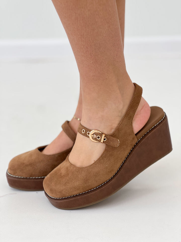 Chestnut faux-suede Mary Jane wedge with gold-tone buckle strap, side view
