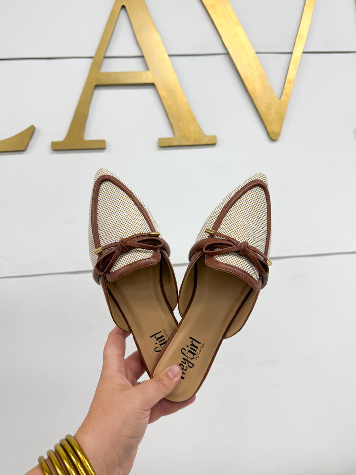 Caramel brown pointed-toe flat shoes with tie bow and textured upper