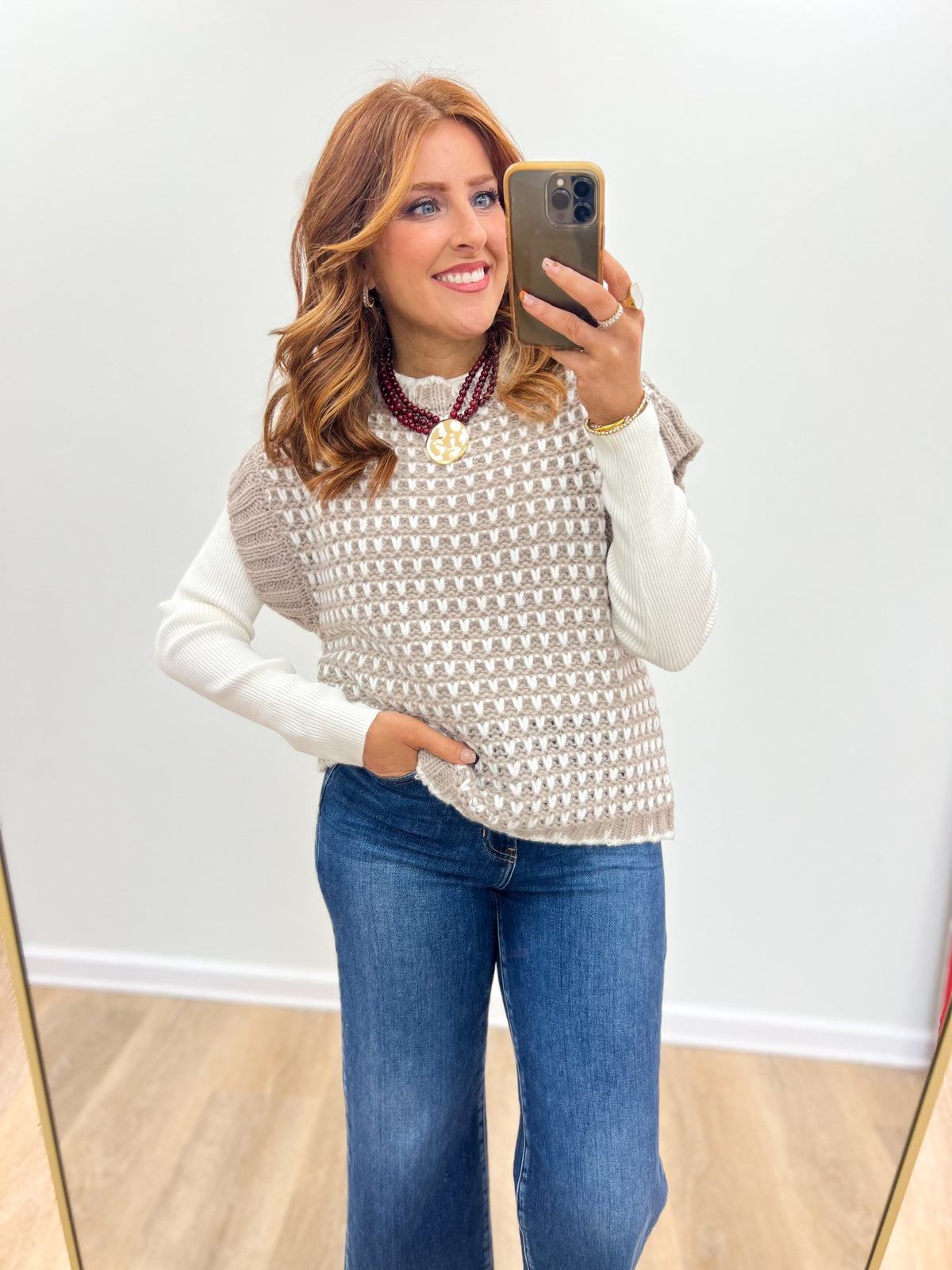 Taupe and ivory scallop-hem sleeveless knit top with round neckline