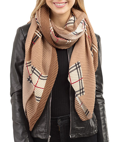 Golden Stella Plaid Block Pleated Scarf in Taupe