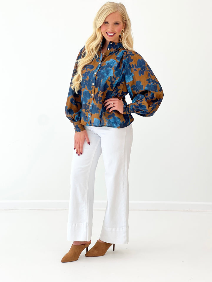 Entro Floral Print Puff Sleeve Button Front Top