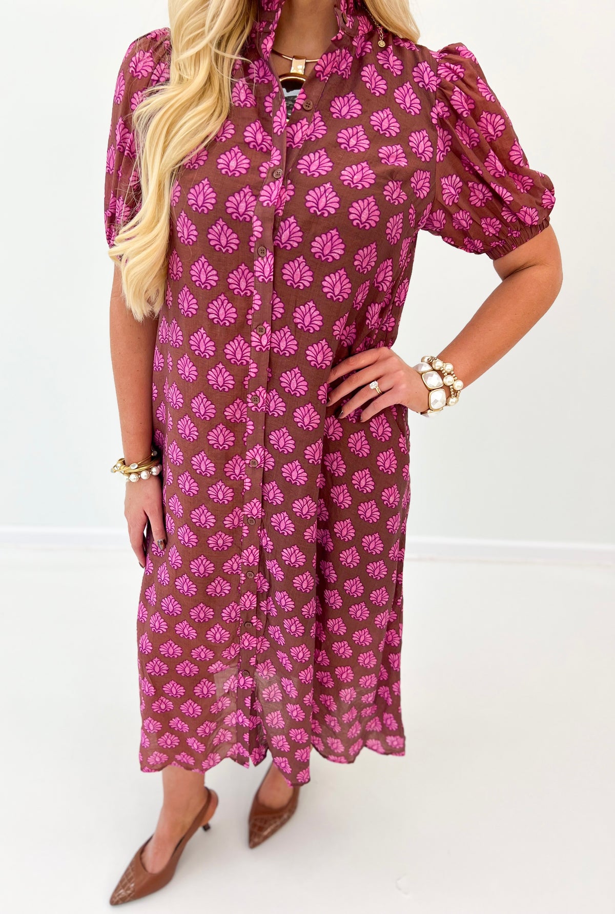 Magenta printed button-down midi dress close-up, ruffled collar and puff sleeves