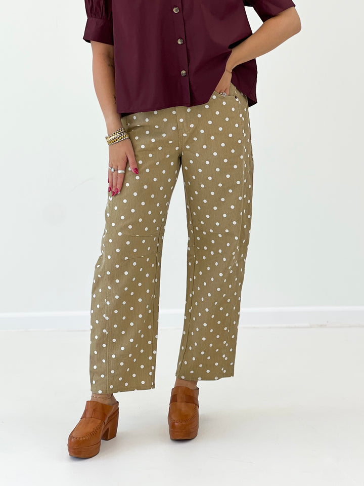 Entro barrel polka dot pants, light tan with white polka dots and relaxed wide-leg fit