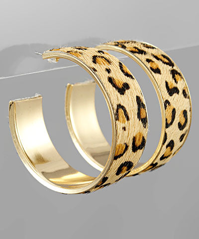 Golden Stella 45mm Animal Print Leather Hoops in Leopard