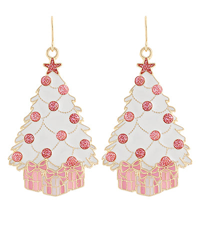 Golden Stella Christmas Tree Earrings in White/Pink
