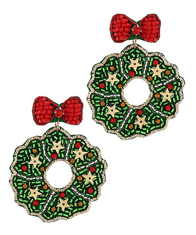 Golden Stella Christmas Wreath & Bow Drop Earrings in Green/Red