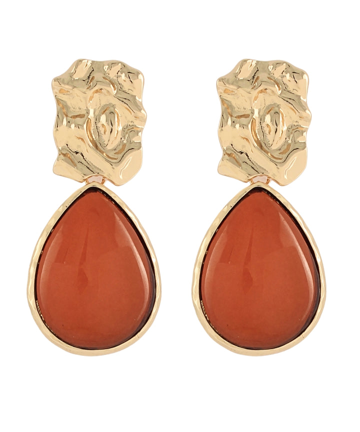 Textured Metal & Teardrop Bead Earrings Brown/Gold