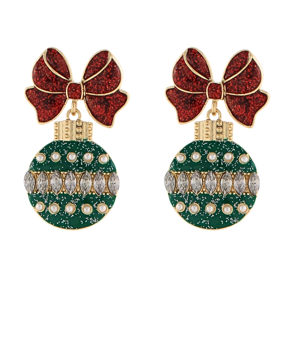 Golden Stella Christmas Ornament w/Bow Earrings in Green/Red