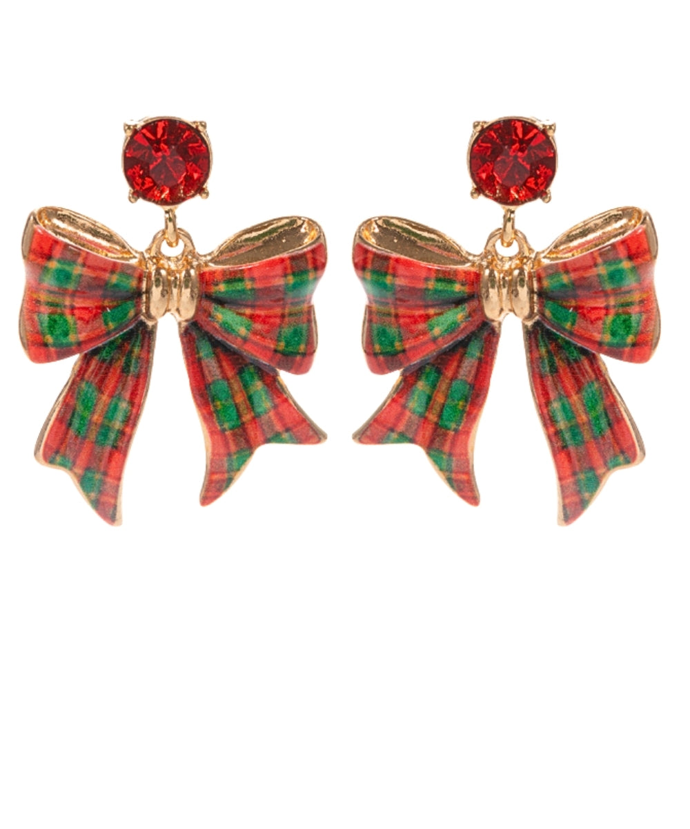 Golden Stella Christmas Bow & Stone Earrings in Red/Green