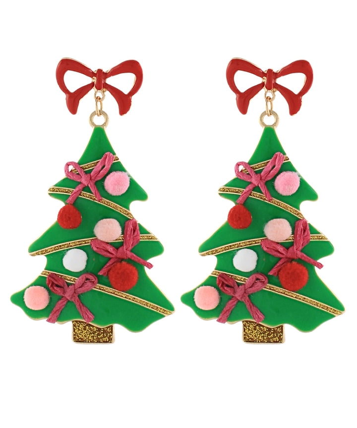 Golden Stella Christmas Tree w/Pompom Earrings in Green/Red