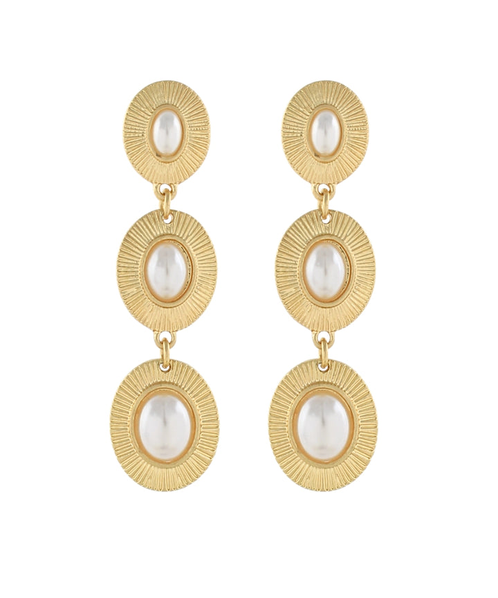 Golden Stella Linear Framed Oval Earrings in Gold/Cream