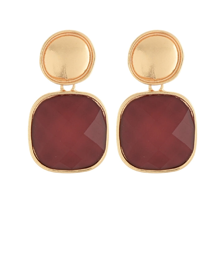 Golden Stella Square Stone & Round Earrings in Burgundy