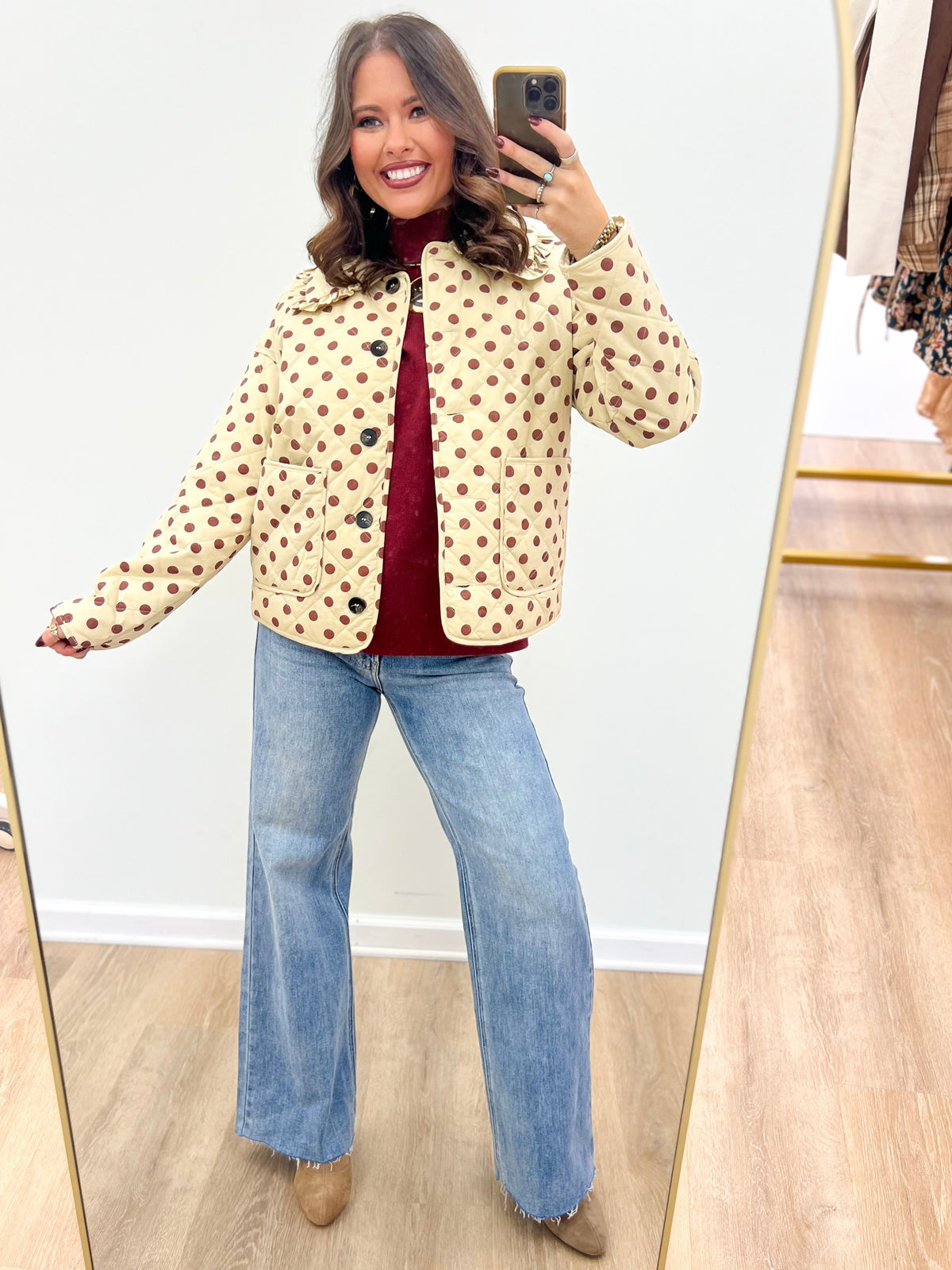 Polka dot quilted jacket with ruffle collar, button front, bone with burgundy dots