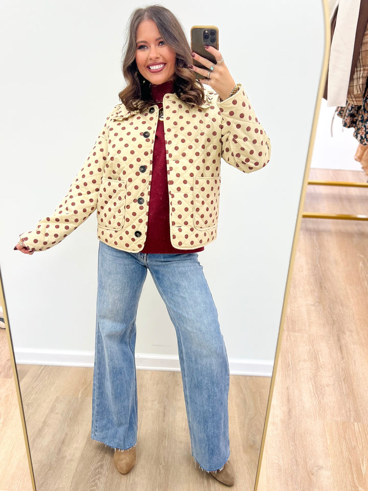 Polka dot quilted jacket with ruffle collar, button front, bone with burgundy dots