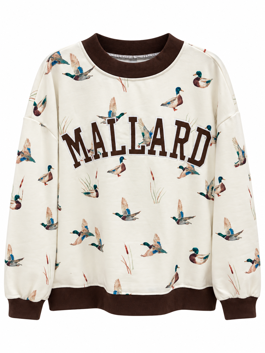 Beige crew neck sweatshirt with dark brown cuffs and Mallard bird print