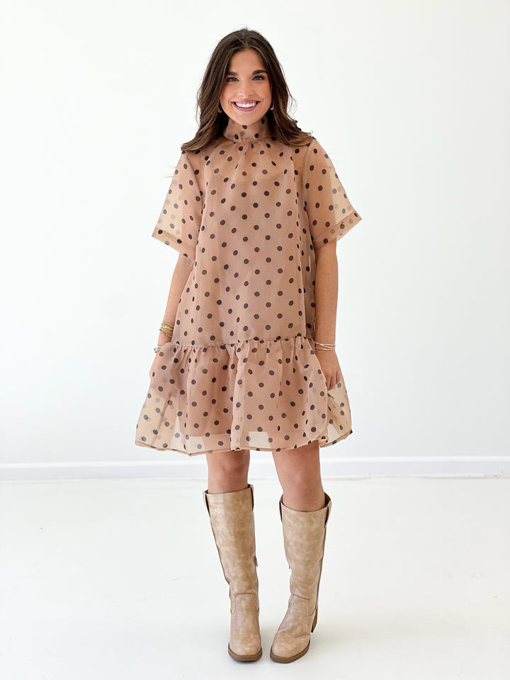 Ecru polka dot mini dress with short sleeves and ruffle tiered skirt