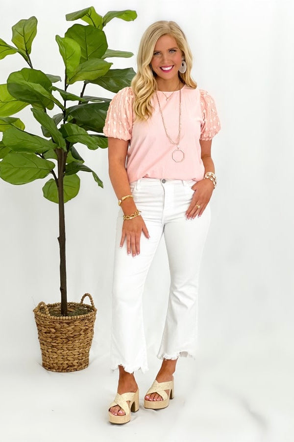 Pink Solid Contrast Puff Short Sleeve Top