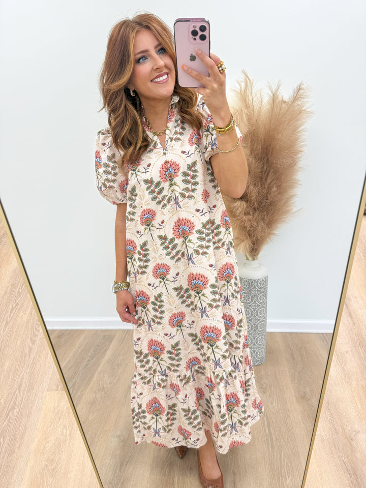 Floral print eyelet midi dress with short puff sleeves and tiered hem, ecru