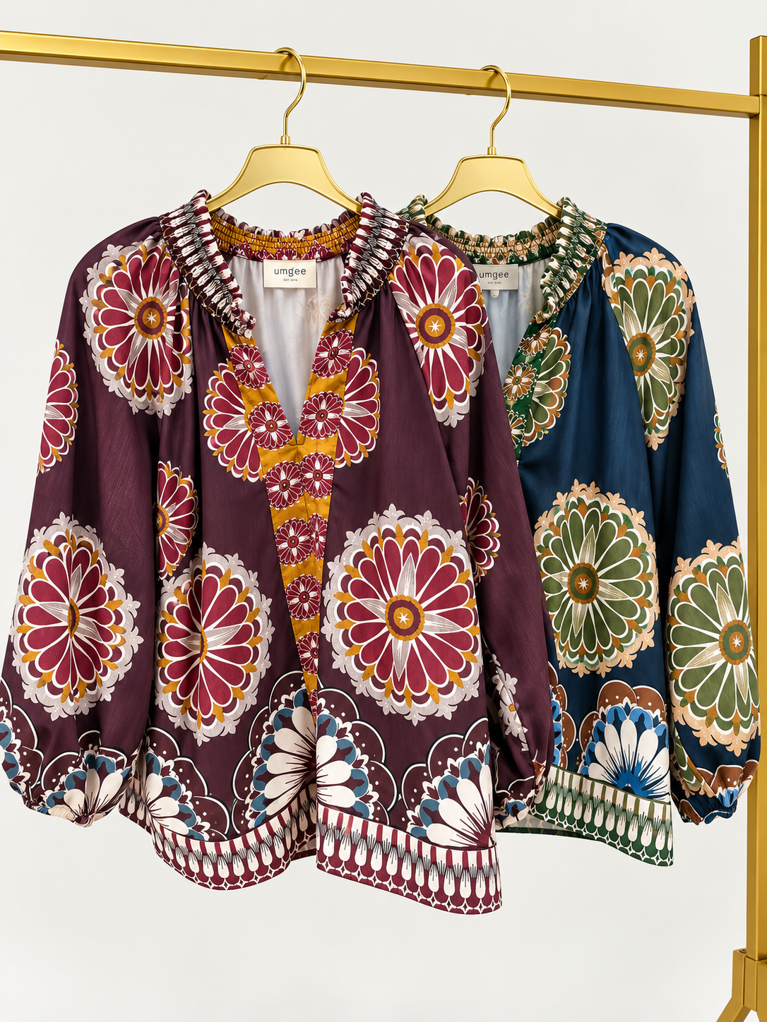 Umgee Smocked Stand Collar Long Puff Sleeve Top with Boho Print